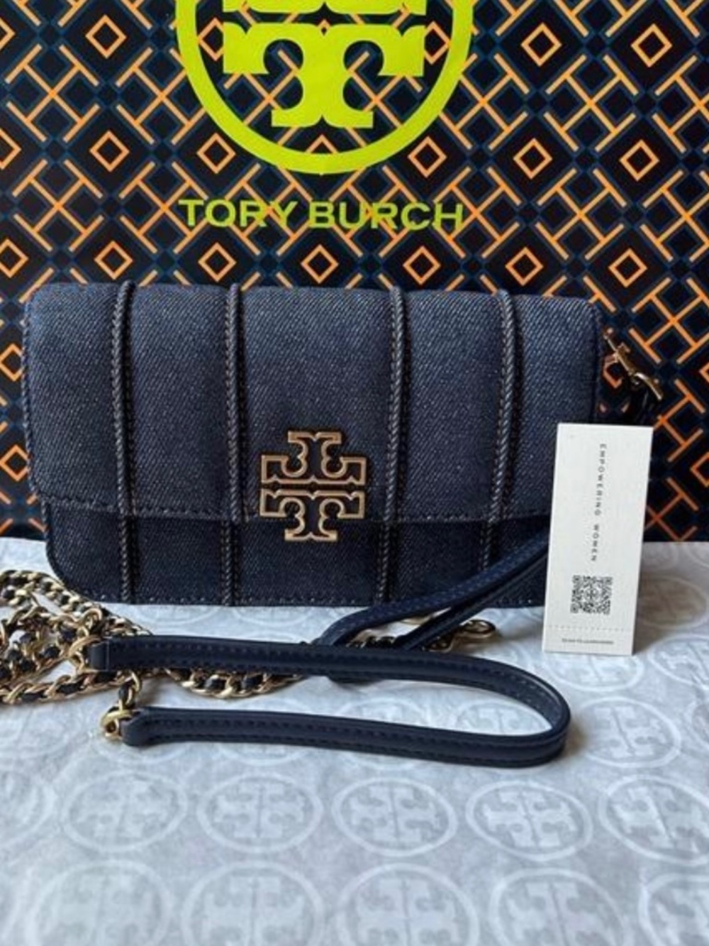 Brand new Tory Burch Britten Denim Chain Wallet with Wristlet.